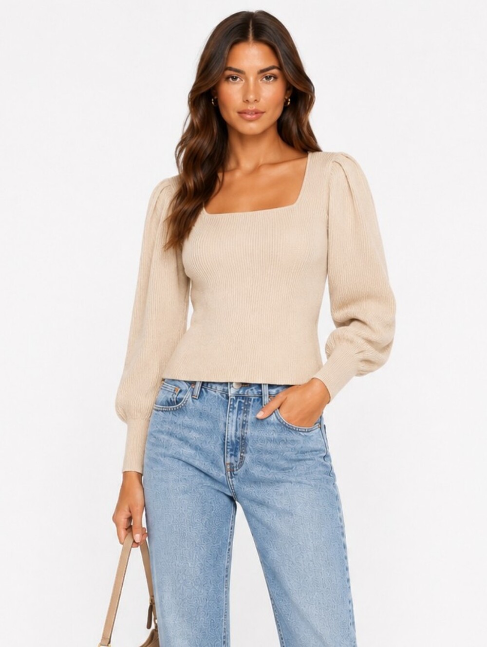 Zara cream ribber balloon sleeves peplum knit sweater top size S